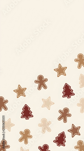 Minimalist Christmas Illustrations in Festive Flat design style. Minimal holiday cookie pattern with stars, gingerbread figures, and tree shapes.