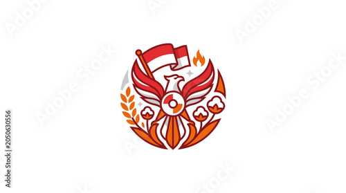 Garuda Pancasila Emblem Illustration with Indonesian Flag and Floral Elements