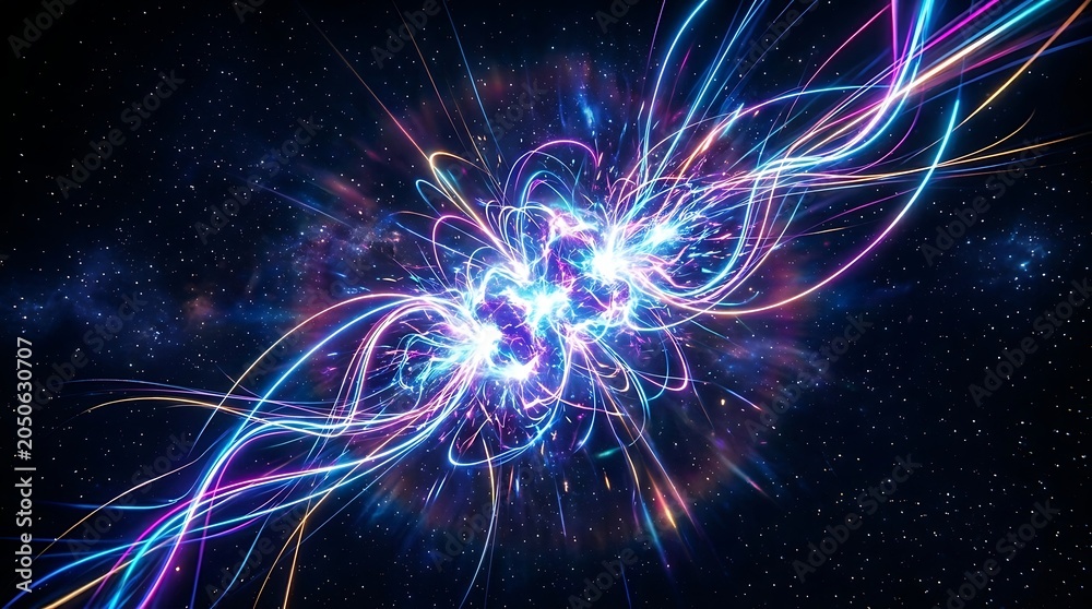 Fototapeta premium Vibrant cosmic energy explosion featuring neon light streaks and glowing particles swirling in deep space captured with a dynamic digital art style for modern scientific backgrounds