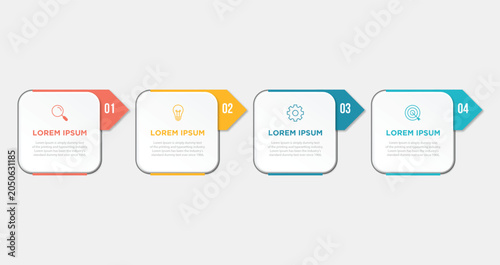 Business process. Timeline infographics with 4 steps, options, squares. Vector template.