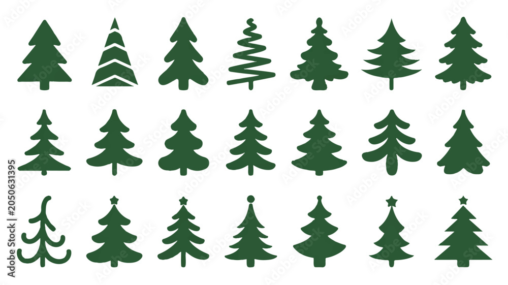 Obraz premium A graphic design pattern featuring various Christmas trees on a white background