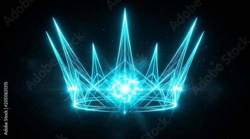 Glowing cyan neon crown constructed from intricate wireframe geometry floating against a deep black background with bright light particles radiating from its sharp majestic pointed center
