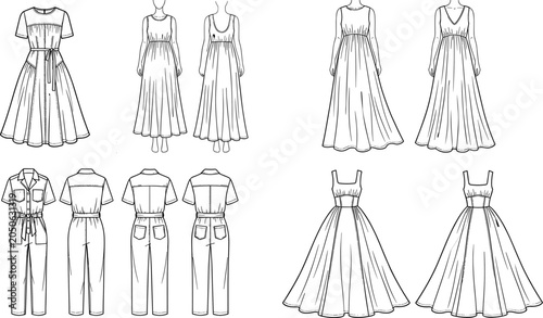 Cuadro en lienzo Technical fashion flat sketch collection of women's apparel featuring maxi dress