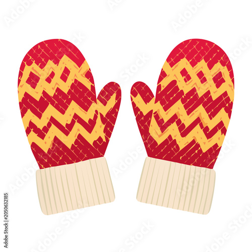Red and yellow patterned mittens with beige cuffs