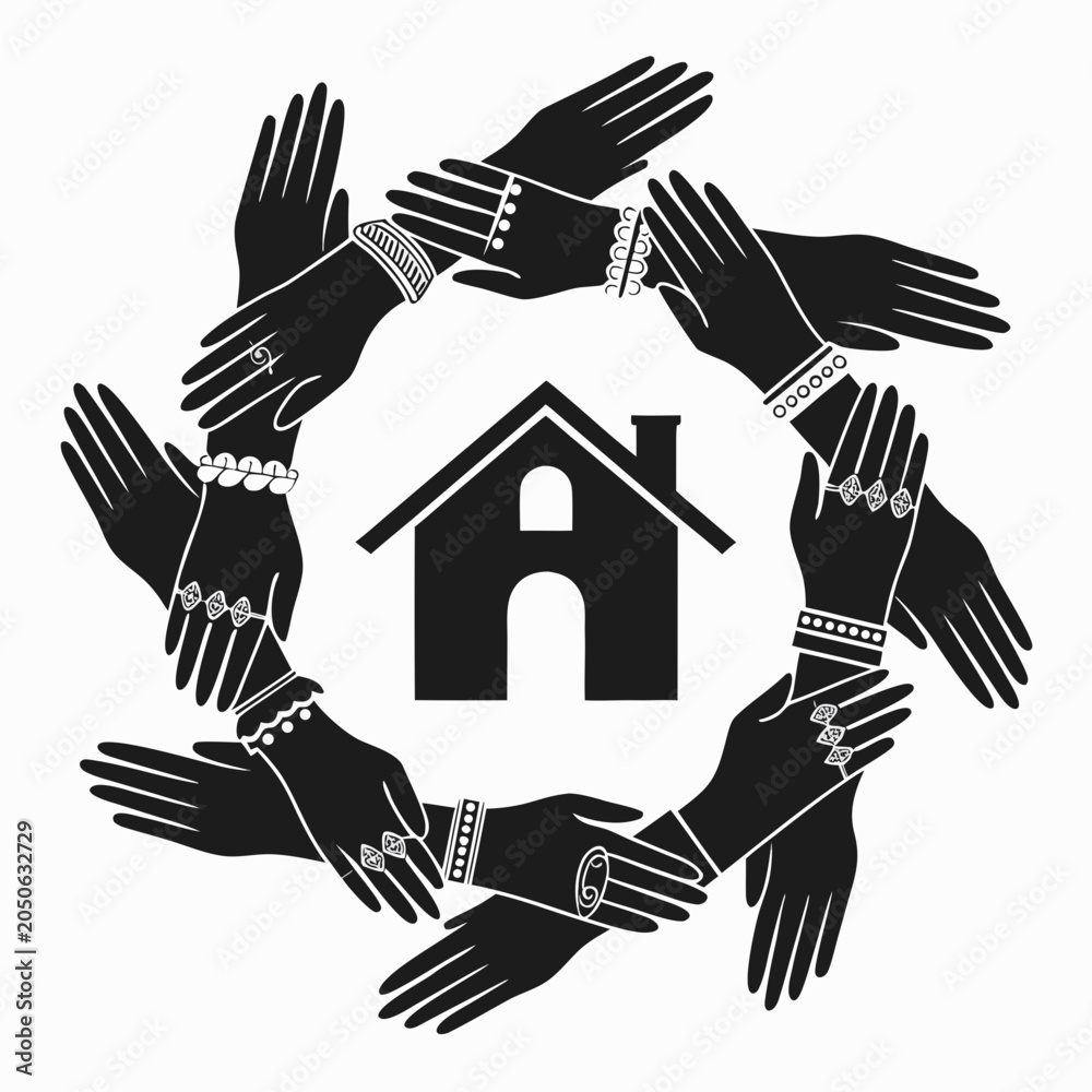 Obraz premium Black and white illustration of hands forming a circle around a house