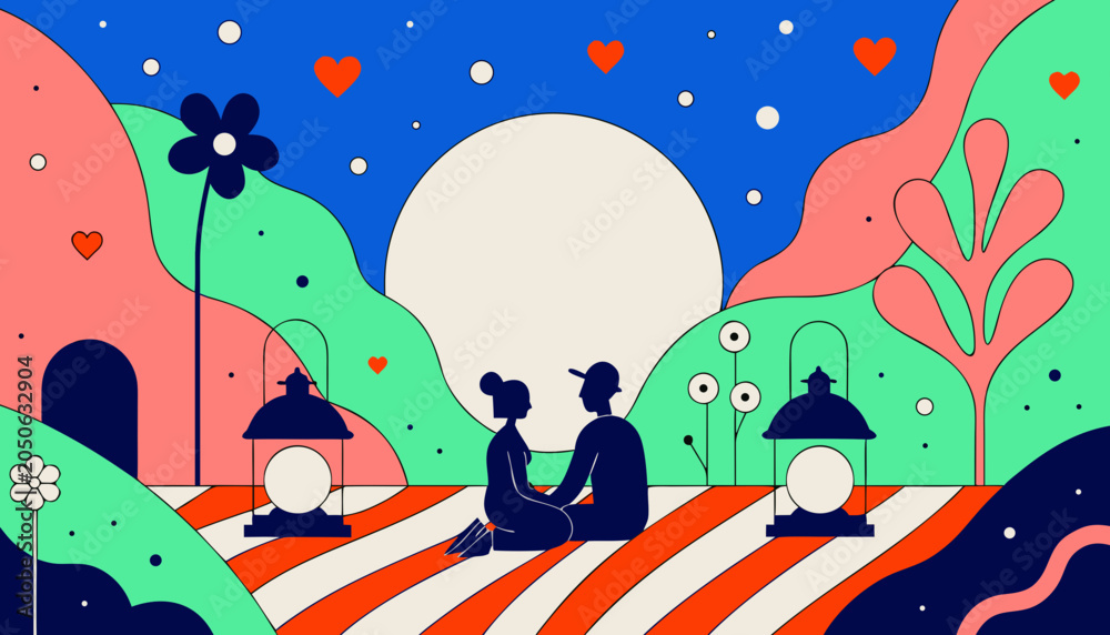 Naklejka premium Couple sitting on striped blanket under full moon with colorful hills and flowers