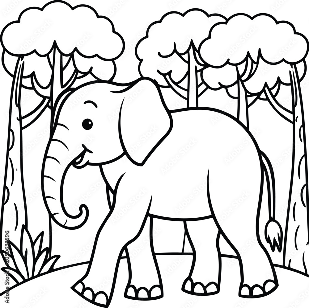 Fototapeta premium Cute Elephant Walking in Nature Landscape Line Art Coloring Page Vector Illustration for Kids Educational Activity Book