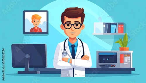 An illustrated doctor stands with crossed arms. A framed portrait and medical equipment are in the light blue office