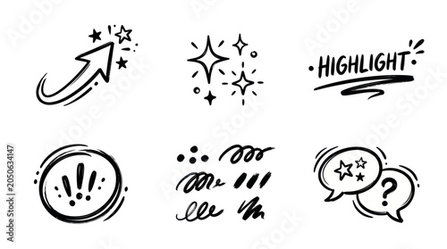 Hand-drawn Doodle Icons: Success, Highlight, Sparkle, Exclamation, Scribbles, Chat Bubbles