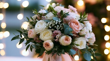 A beautiful bouquet of soft pink and white flowers is set against a magical backdrop of warm glowing fairy lights