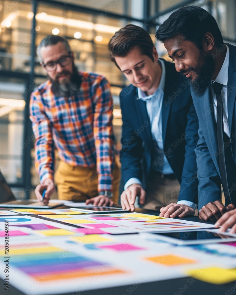 Fototapeta premium Policy experts collaboratively reviewing detailed economic data on colorful charts using sticky notes and digital devices in a contemporary corporate space with a welllit glass
