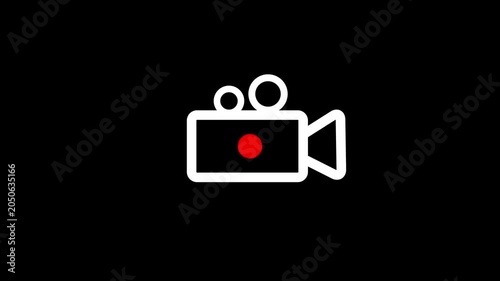 glowing camera record icon with flashing Red dot, video recording interface symbol with black background 4k animation.