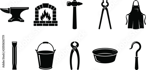 Bild auf Leinwand Blacksmith and metalworking silhouette icons collection, forging workshop illust