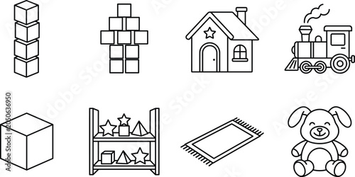 Obraz na płótnie Children toys and playroom icons collection, educational play illustration set,
