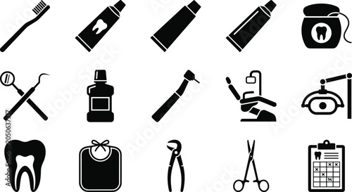 Foto Dental care and dentistry icons collection, oral hygiene illustration set, profe