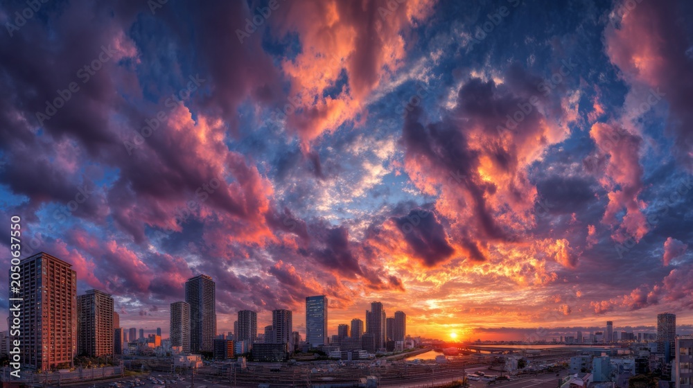 Fototapeta premium Breathtaking Sunset Over Urban Skyline with Vibrant Colors and Dramatic Clouds Above City Buildings and Waterway in Evening Light