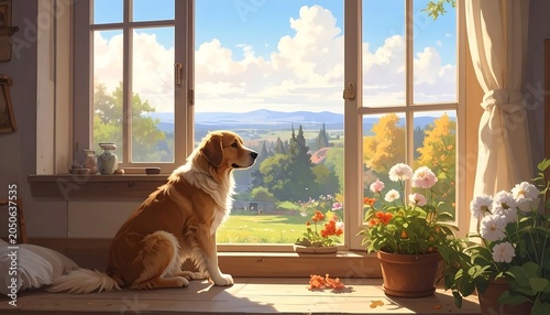 An illustration captures a golden retriever gazing out a sunlit window at a picturesque landscape on a bright day
