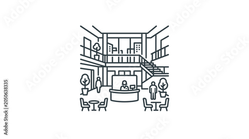 Obraz na plátně Modern lobby interior line art with reception and stairs.