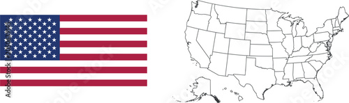 Foto United States Flag and Political Map Vector Set, USA Geography Illustration Desi