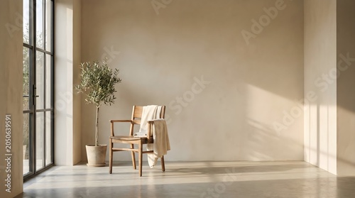 Minimalist interior mockup background with wooden chair and potted olive tree stands in sunlit empty room with beige plaster walls