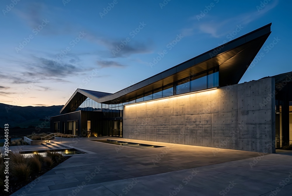 Obraz premium Modern Contemporary Architecture Building with Concrete Walls at Night