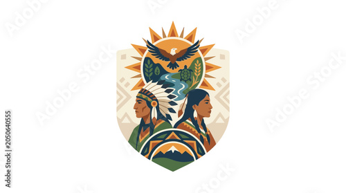Schilderij op canvas Indigenous People Emblem with Eagle and Nature Landscape