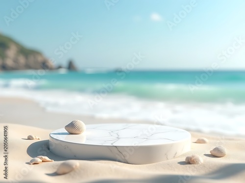 Minimalist White Marble Cylinder Podium on Beach Sand with Seashells and Blurred Ocean