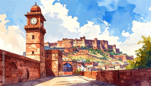 An illustration captures a majestic red sandstone structure, a clock tower in the foreground, and a distant fort under a bright sky