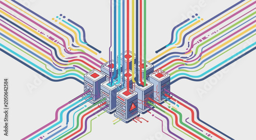 Vibrant circuit board illustration with colorful wires.