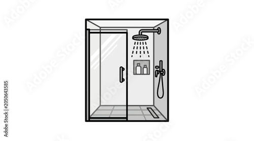 Foto Glass shower enclosure with rain shower head and drainage.