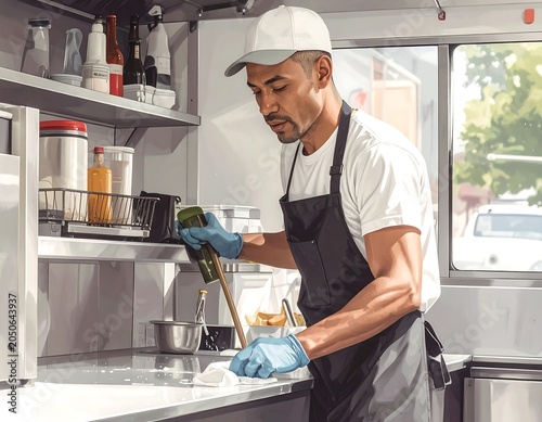 An illustration captures a worker in a mobile kitchen, wiping a countertop with a cloth. He wears a cap and apron