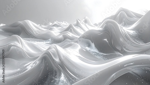 An abstract, undulating landscape composed of smooth, reflective, pearlescent waves under a bright, diffused light, suggestive of ethereal surfaces