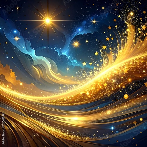 Abstract celestial artwork with golden stars and swirling cosmic patterns