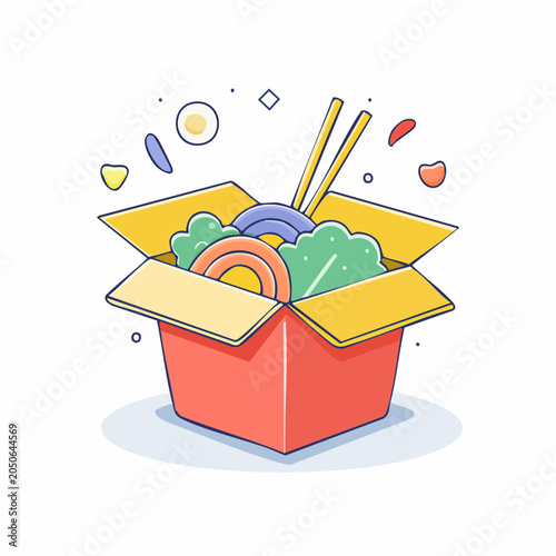 Takeout Food Box with Chopsticks and Colorful Ingredients