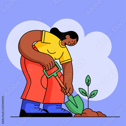Vibrant illustration of a woman planting a sapling with a green shovel. Caring for nature, gardening and ecology concept. Perfect for gardening, sustainability, or eco friendly design projects.