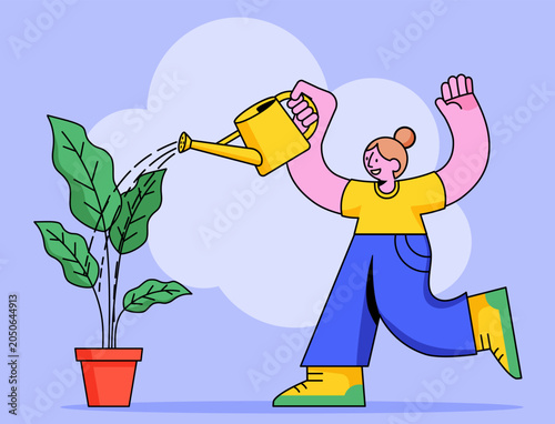 Cheerful illustration of a woman holding watering yellow can, wearing a yellow shirt and blue pants. Ideal for home gardening, plant care, or eco conscious design. Female gardener watering plants