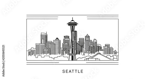 Seattle Skyline with Space Needle - Black and White Line Art Illustration