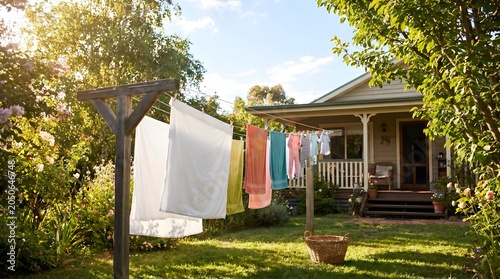 Laundry washing line fresh clothes hanging outside house rural garden drying in summer sun on organic cottage backyard lawn landscape