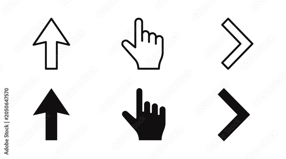 Fototapeta premium Set of UI navigation icons featuring arrows and cursor hands in line and solid styles navigation interface direction