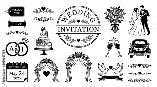 Wedding Invitation Elements: Bride, Groom, Cake, Rings, Flowers, Car, Doves, Arches