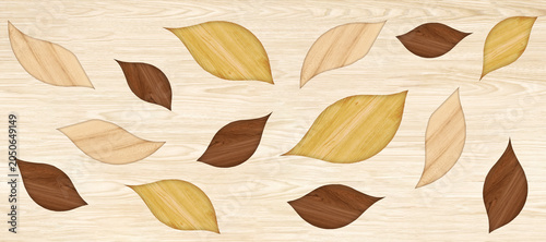 Wooden inlay background with leaf pattern. Decorative timber panel with multi-colored wood marquetry leaves.