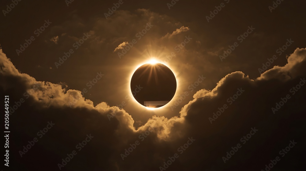 Obraz premium Dramatic Total Solar Eclipse Showing Diamond Ring Effect Above Clouds.