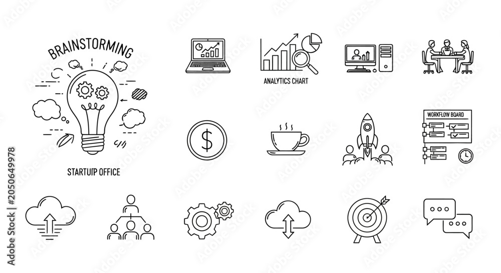 Fototapeta premium Startup office icons set illustrating brainstorming, business growth, and teamwork.