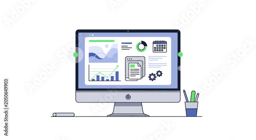 Computer monitor displaying business data analysis and growth dashboard