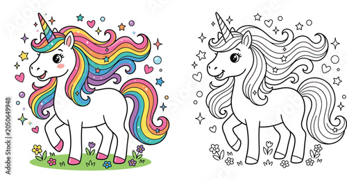 Cute Unicorn Vector Illustration and Coloring Page for Kids, Magic Rainbow Horse with Stars, Hearts and Flowers, Educational Activity Sheet, Line Art for Children's Book