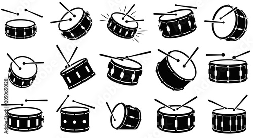 Tableau sur toile Drum Set Collection: Various Snare Drums and Drumsticks Icon Set