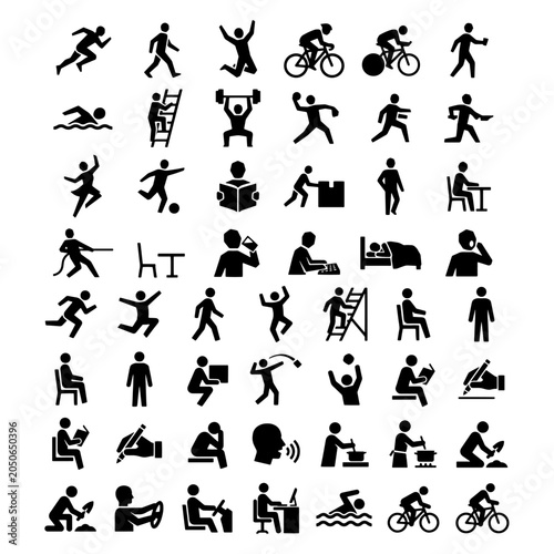Ergonomic workplace operations indicators and casual domestic kinetics illustration bundle. High contrast artwork featuring walking, cooking, driving, and working