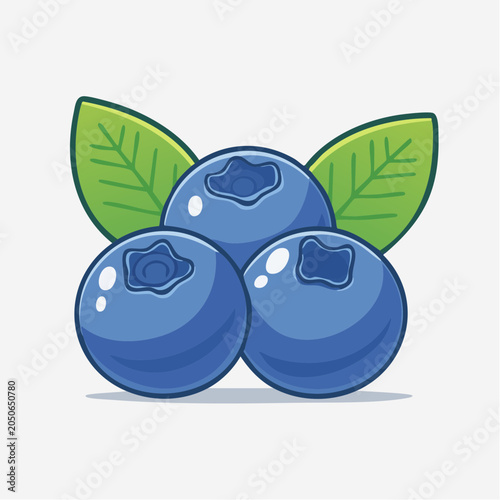 Illustration of three fresh blueberries with green leaves