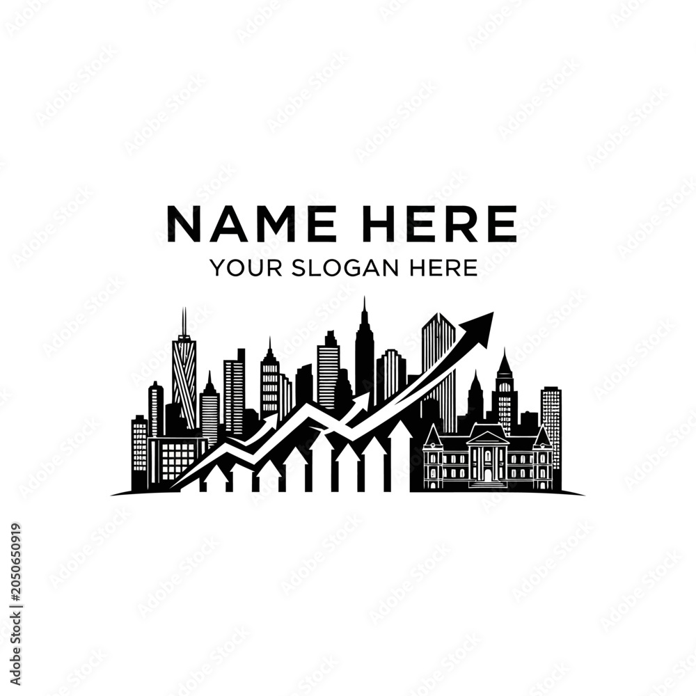 Fototapeta premium Cityscape Silhouette with Upward Arrow Graph for Business Growth and Success