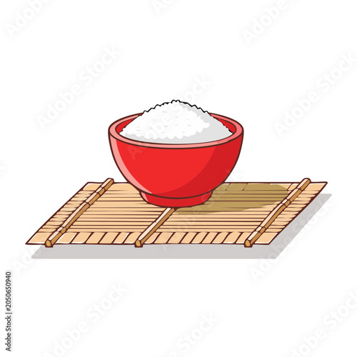 Red bowl of rice on bamboo mat illustration